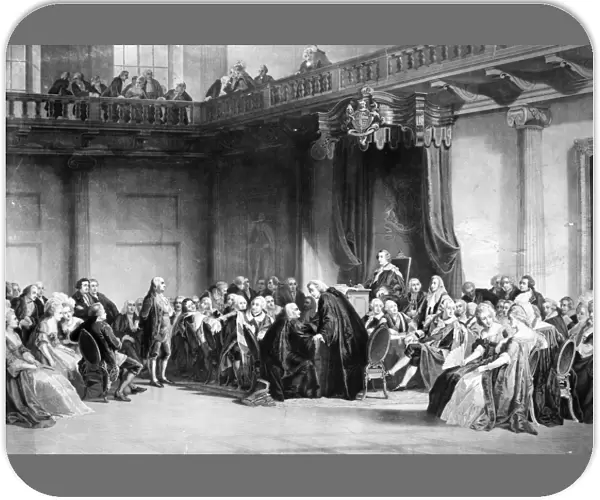 FRANKLIN AT WHITEHALL. Benjamin Franklin before the Lords of the Privy Council, Whitehall Chapel, London, England, 1774. Steel engraving, 1859, by Robert Whitechurch after Christian Schussele