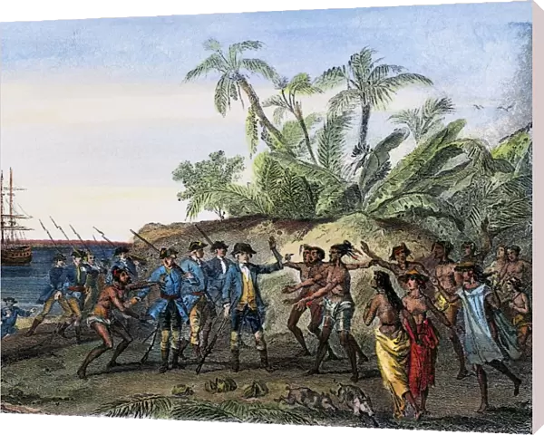 LOUIS de BOUGAINVILLE (1729-1811), a French navigator, meeting the natives of Tahiti, c1766-69. Steel engraving, French, 19th century
