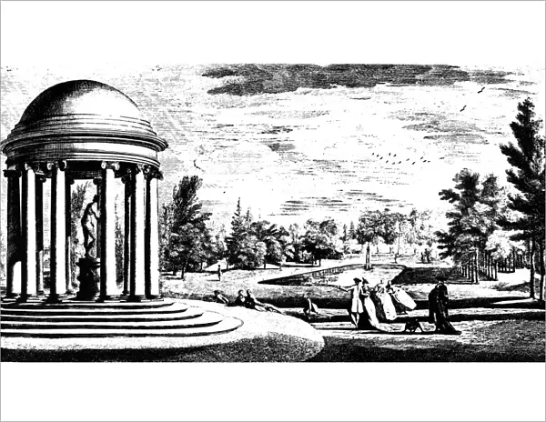 BROWN: STOWE PARK, 1753. The park at Stowe, Buckinghamshire, England, in 1753, which featured the work of English landscape gardener Lancelot Capability Brown (1715-1783), and the Rotonda of architect John Vanbrugh (1664-1726) shown at left. Line engraving, 18th century