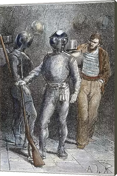 VERNE: 20, 000 LEAGUES, 1870. Professor Aronnax outfitted for a walk on the ocean floor: wood engraving after a drawing by Alphonse de Neuville from an 1870 edition of Twenty Thousand Leagues Under the Sea by Jules Verne