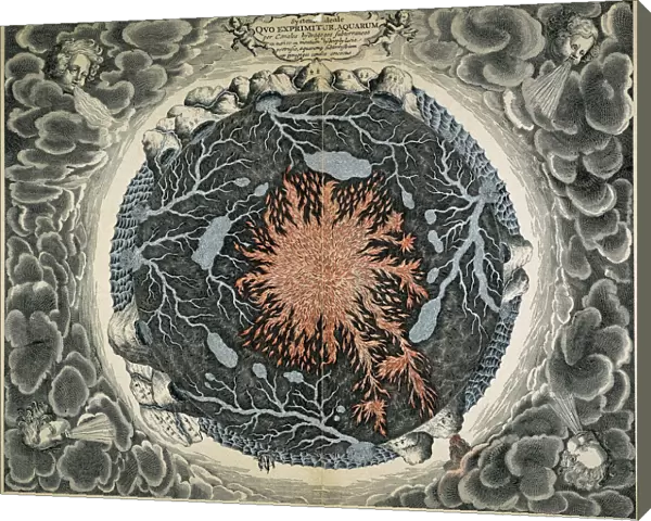 MUNDUS SUBETERRANEUS. The earth depicted in a cross-section as containing a central core of fire surrounded by subterranean lakes and rivers. Engraving from Athanasius Kirchers Mundus subeterraneus, 1664