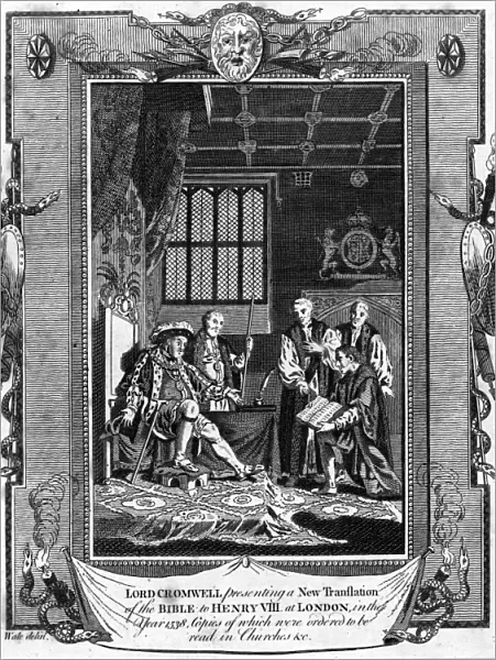 HENRY VIII (1491-1547). King of England, 1509-1547. Lord Cromwell presenting new translation of the Bible in year 1538. Line engraving, 18th century, English