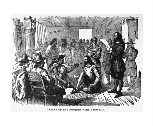 PILGRIMS: TREATY, 1621. The Pilgrims treaty with Wampanoag Chief Massasoit in William Bradfords house at Plymouth Colony, March 1621. Wood engraving, American, late 19th century