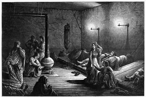 NEW YORK: HOMELESS, 1873. Homeless women spending the night in a shelter at a police station in New York City. Wood engraving, American, 1873