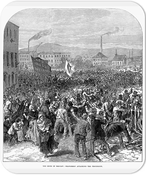BELFAST: RIOT, 1872. Orangemen (Irish Protestants) attacking a Catholic procession in Belfast, Ulster, August 1872. Wood engraving from a contemporary English newspaper