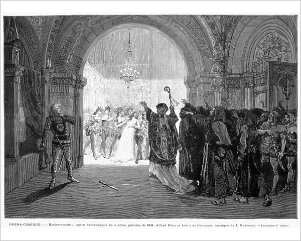 MASSENET: ESCLARMONDE. The exorcism scene of the premiere performance of Jules Massenets opera Esclarmonde at the Opera Comique, Paris, France, in 1889. Contemporary French wood engraving