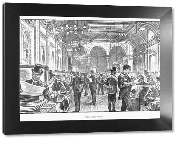 LLOYDs OF LONDON, 1890. The Great Room of the English insurance company, at the Royal Exchange in London, England. Line engraving, English, 1890