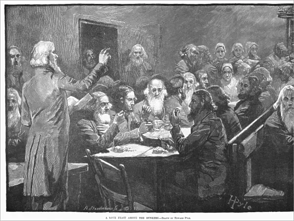 GERMAN BAPTIST BRETHREN. A Love Feast among the Dunkers at Ephrata, Pennsylvania. Wood engraving after Howard Pyle, 1883