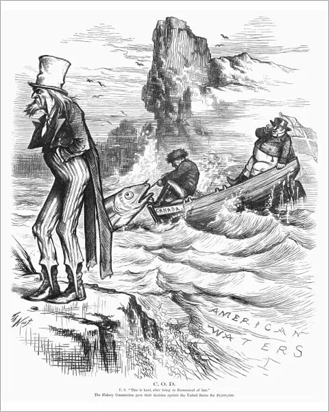 FISHING RIGHTS, 1877. Uncle Sam sulks as Canada and John Bull pull in a big award in the dispute about fishing rights. American cartoon by Thomas Nast, 1877