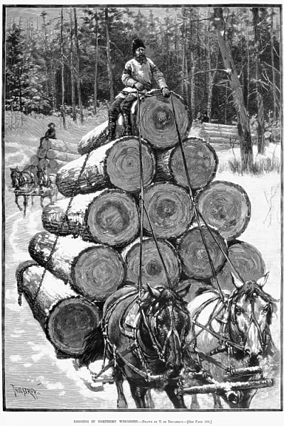 WISCONSIN: LUMBERING, 1885. Logging in Northern Wisconsin. Wood engraving, American, after Thure de Thulstrup, 1885