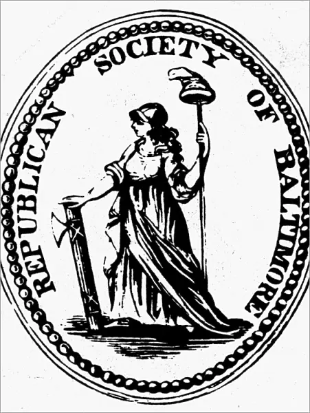 DEMOCRATIC-REPUBLICAN PARTY. Label for the Democratic-Republican Party, 1790. Seal shows the French liberty cap