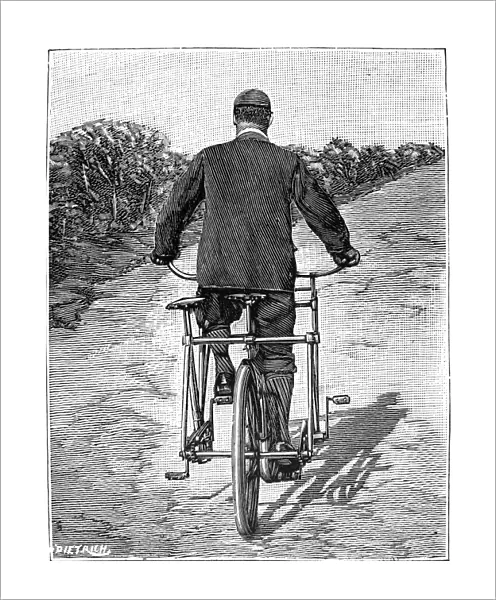 TANDEM BICYCLE, 1896. Rear view of the French sociable tandem. Wood engraaving, French, 1896