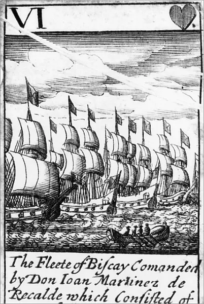 SPANISH ARMADA, 1588. The Fleete of Biscay Commanded by Don Juan Martinez de Recalde which Consisted of 14 Vessells, 2037 Souldiers, 863 Mariners, 200 Canons. The six of hearts from a deck of English playing cards depicting the defeat of the Spanish Armada, 1588