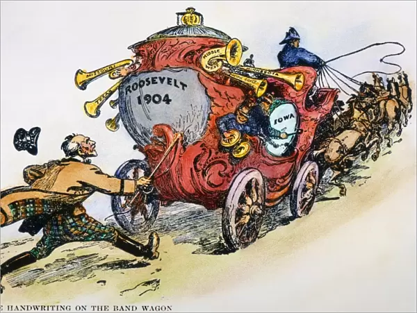 PRESIDENTIAL CAMPAIGN 1904. The Handwriting on the Band Wagon. Already supported by many western states, President Theodore Roosevelt heads full speed for victory in the 1904 election, leaving behind Republican Senator Thomas Collier Platt, no longer in control. American cartoon, 1902