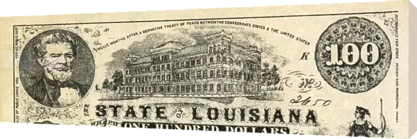 CONFEDERATE BANKNOTE. One hundred dollar banknote issued by the State of Louisiana at Shreveport, 10 March 1863