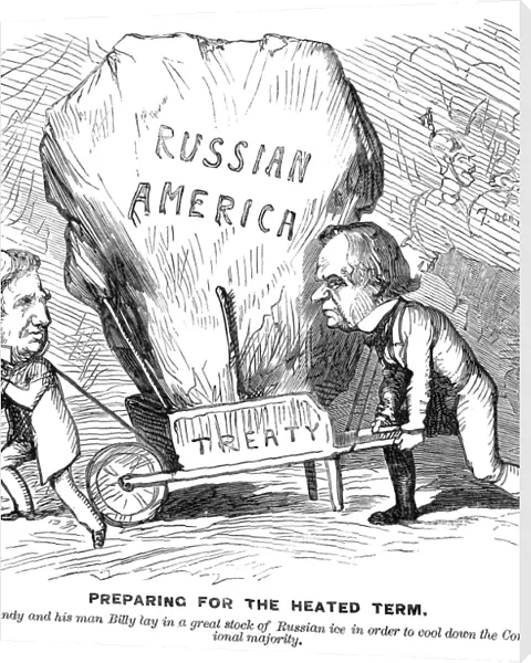 Preparing for the heated term. American cartoon, 1867, on the purchase of Alaska by Billy (Secretary of State William H. Seward) and King Andy (President Andrew Johnson), here depicted hauling a large chunk of Alaskan ice to cool congressional tempers