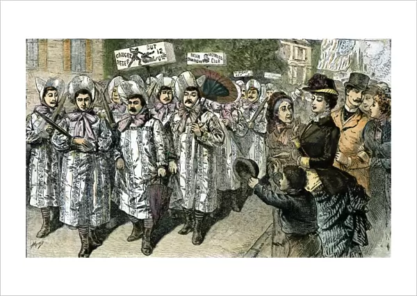 An amused crowd of onlookers at Rahway, New Jersey, watches a parade of men dressed in Mother Hubbards and striped stockings, an attempt to ridicule the 1884 presidential campaign of Belva Lockwood on the Equal Rights ticket. Contemporary wood engraving