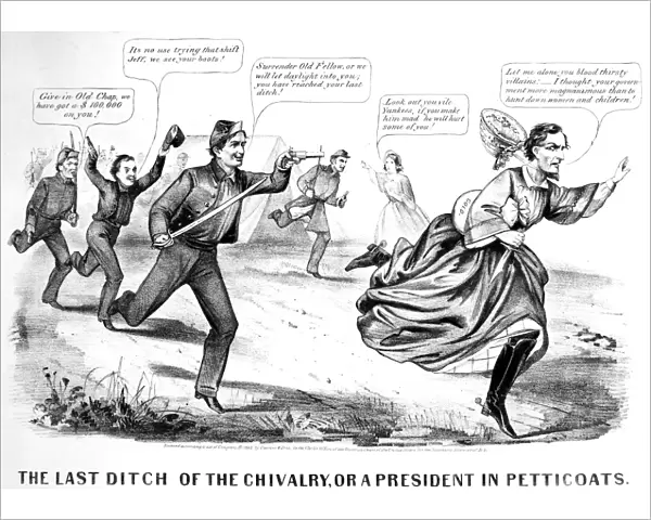 The Last Ditch of the Chivalry or a President in Petticoats. A Northern satire on the capture of Jefferson Davis. Lithograph cartoon by Currier and Ives, 1865
