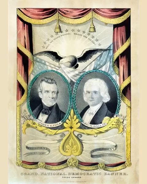 James K. Polk and George M. Dallas as the Democratic party candidates for President and Vice President on a lithograph poster by Nathaniel Currier, 1844