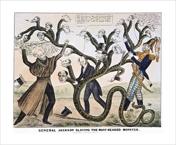 President Andrew Jackson destroying the Bank of the United States. Lithograph cartoon, 1828