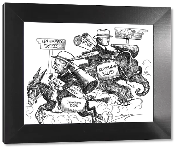 Al Smith, the Democratic party candidate for President in 1928, and Herbert Hoover, the Republican contender, charge off to campaign in the regions where their support is weakest. Contemporary cartoon by Clifford Berryman