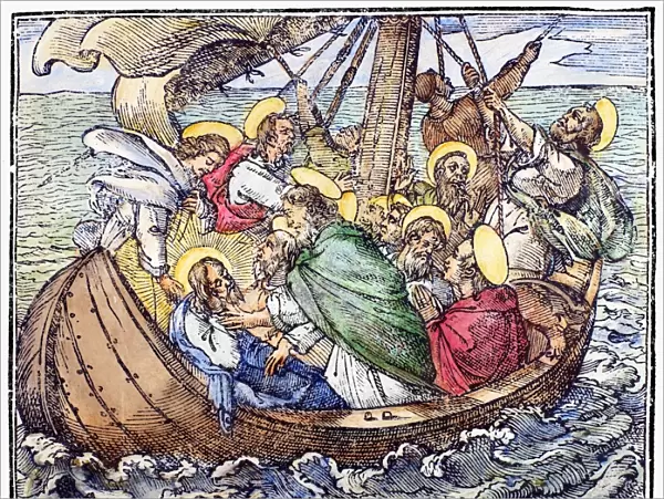 Woodcut illustration of Christ and the Apostles during the storm on the Sea of Galilee (Mark 4: 38), from an edition of the Gospels printed at Rome in 1591