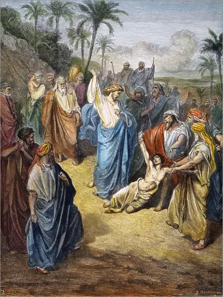 Jesus healing the lunatic (Matthew 17: 15). Color engraving after Gustave Dor