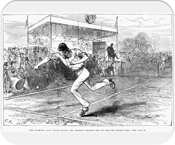 The champion lawn tennis match: Mr. Hartley winning the cup for the second time. John Thorneycroft Hartley winning at Wimbledon, England in 1880. Contemporary wood engraving