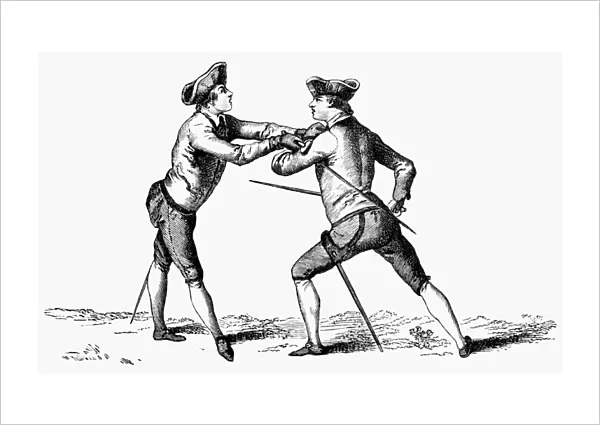 Position after disarming in epee or foil fencing. Copper engraving, French, mid-18th century