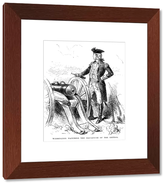 General George Washington watching the British Army depart by sea from Boston, Massachusetts, during the American Revolution, 1776. Line engraving, 19th century, by A. Bobbett