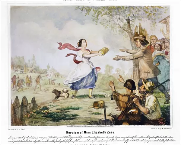 (c1766-c1831). American pioneer. Elizabeth Betty Zane passing through hostile Indian lines to obtain gunpowder for the besieged garrison at Fort Henry, Virginia, in 1777. Lithograph, 1851