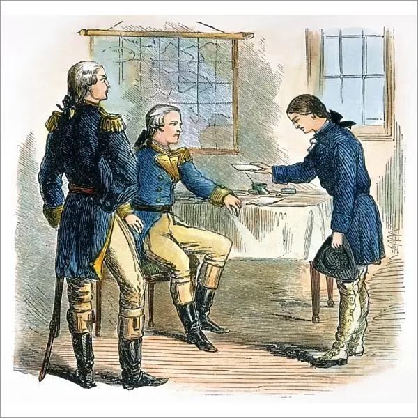 American Revolutionary soldier. Sampson presenting a letter of commendation in her behalf, from her commanding officer, to General George Washington, from whom she later received an honorable discharge from the Continental Army. Line engraving, 19th century