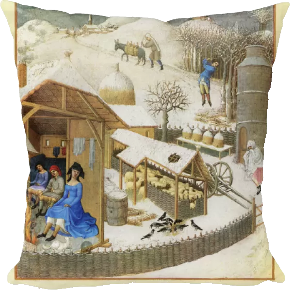 Keeping warm by a farm fireside in February. Illumination from the 15th century manuscript of the Tres Riches Heures, of Jean, Duke of Berry