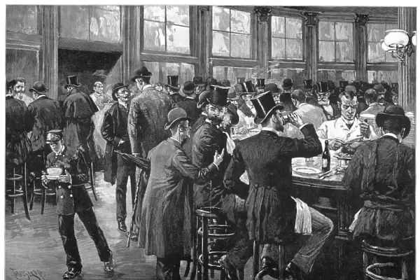 Manhattans business district, 1888. Contemporary line engraving after a drawing by Thure de Thulstrup