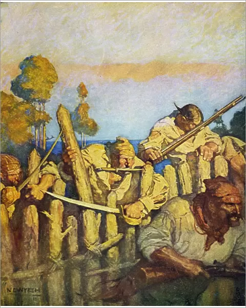 The attack on the block house. Illustration, 1911, by N. C. Wyeth for Robert Louis Stevensons Treasure Island