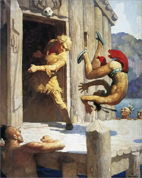 Hurry Harry seized the nearest Huron by the waist, raised him entirely from the platform, and hurled him into the water. Illustration by N. C. Wyeth to a 1925 edition of The Deerslayer by James Fenimore Cooper
