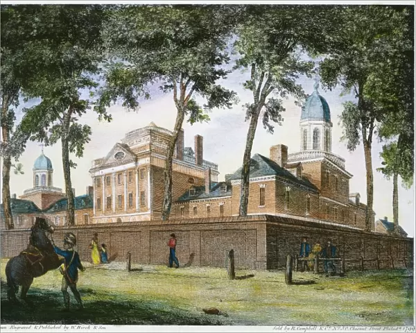Pennsylvania Hospital, in Pine Street, Philadelphia: colored engraving, 1799, by William Birch & Son