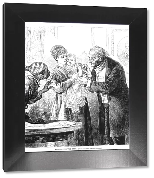 A doctor inoculating a baby. Wood engraving, American, 1870