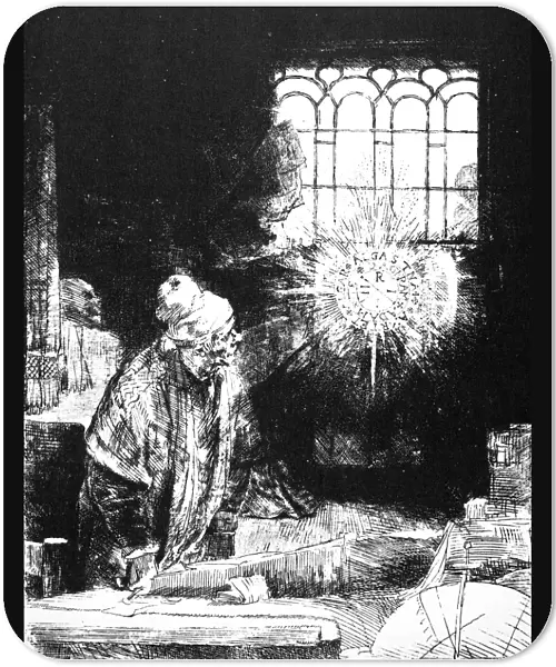 Doctor Johann Faust watching a magic disc in his study. Etching, 1652, by Rembrandt van Rijn