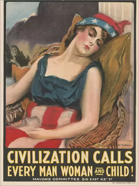 Portrait of Lady Liberty Sleeping, 'Wake Up America!, Civilization Calls Every Man, Woman and Child!', World War I Recruitment Poster, 1917