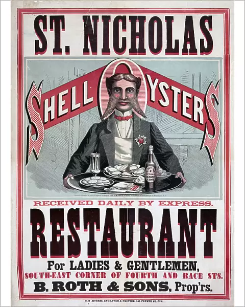 19th century restaurant advertisement - St. Nicholas Restaurant. Shell oysters received daily by express ca. 1873