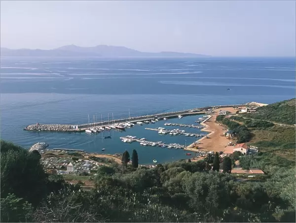 France, Corsica, Corse-du-Sud, Aerial view of port of Cargese
