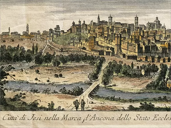 Italy, Jesi, View of the town in the Marche of Ancona, color engraving