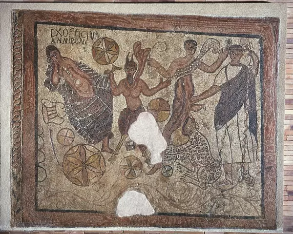 Mosaic with Bacchic scene, signed by artist, from Merida, Spain
