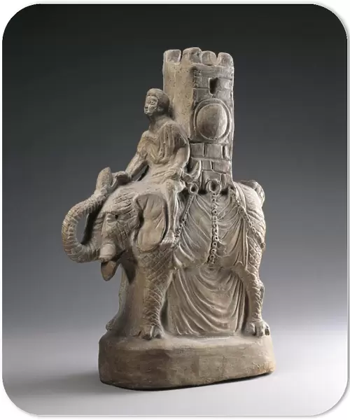 Clay statue depicting Moor riding elephant with turret on back, from Pompeii