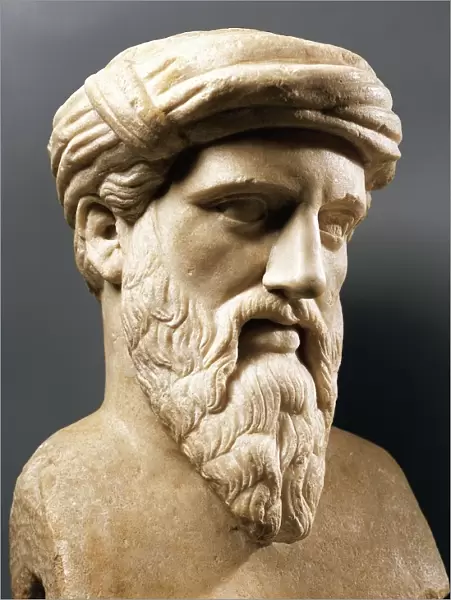 Head of Pythagoras (circa 580 B. C. - 500 B. C. ), Greek philosopher and mathematician, founder of the Pythagorean school in Crotone (532 B. C. ), Roman copy after a Greek original (circa 550 B. C. ), marble