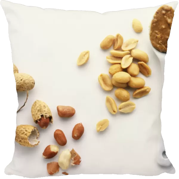 Above view of scattered peanuts, three shelled, one cracked, with skins, two spoons one with crunchy Peanut butter, the other with groundnut oil