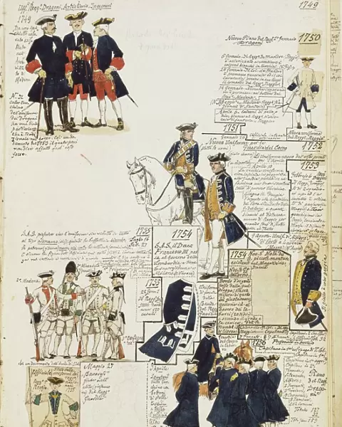 Various uniforms of Duchy of Modena by Quinto Cenni, color plate, 1745-1756