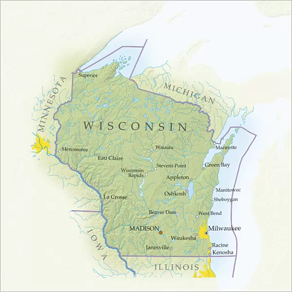 Map of Wisconsin, close-up