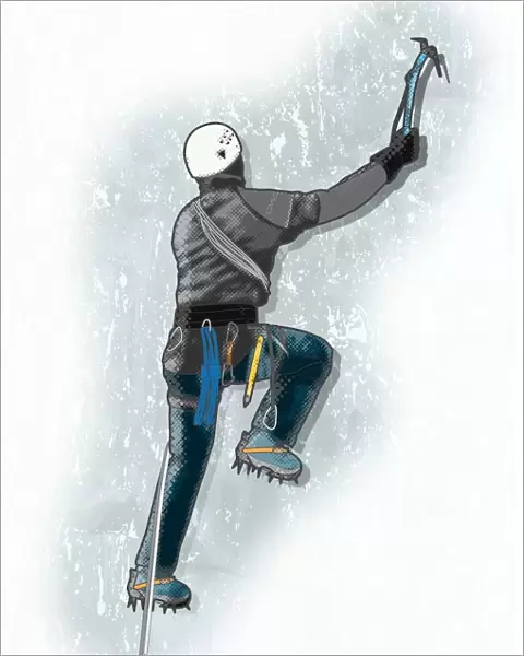 Digital illustration of ice climber using ice axe to pull himself up and crampons to hold onto the rock